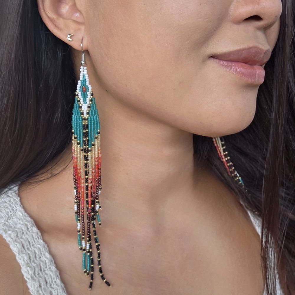 Retro Luxe Boho Fringe Beaded Long Earrings Handmade Southwestern Boheme Long